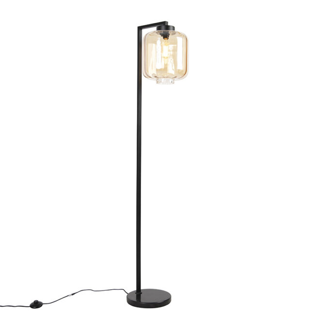 Designová stojací lampa černá s jantarovým sklem - Qara