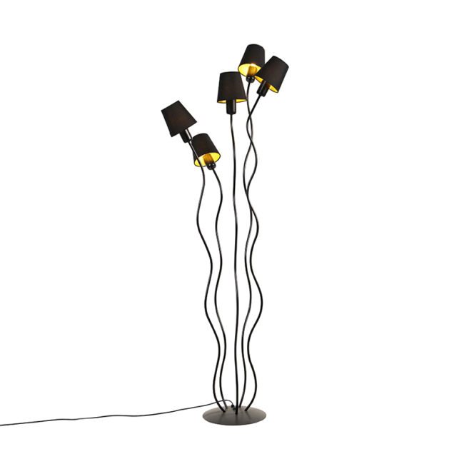 Designová stojací lampa černá 5-světelná s upínacím stínidlem - Wimme