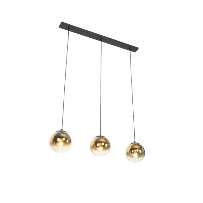 Art Deco závěsná lampa černá se zlatým podlouhlým 3-světlem - Pallon