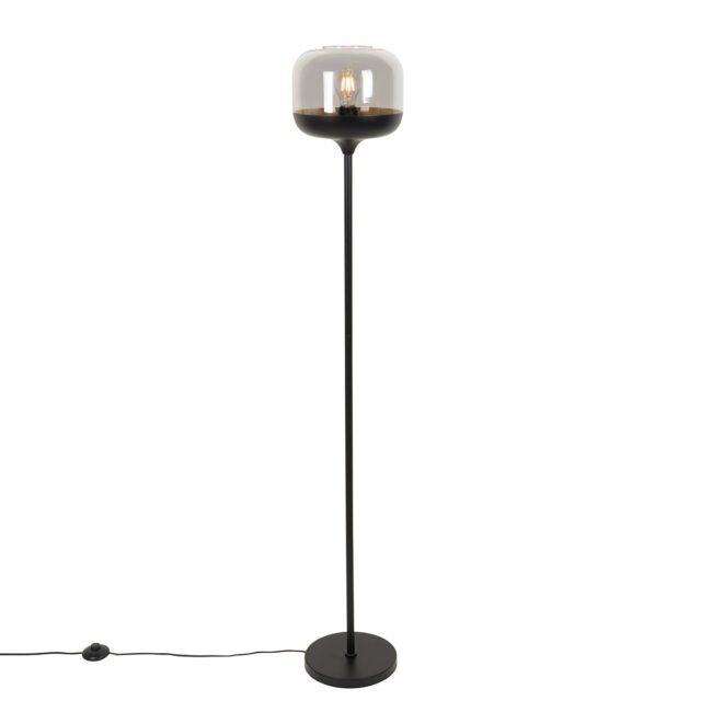 Designová stojací lampa černá se zlatem a kouřovým sklem - Kyan