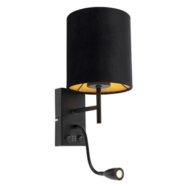 Nástěnná lampa ve stylu Art Deco černá s velurovým odstínem - Stacca