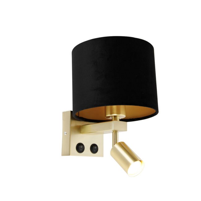 Nástěnná lampa mosazná s lampičkou na čtení a stínidlem 18 cm černá - Brescia